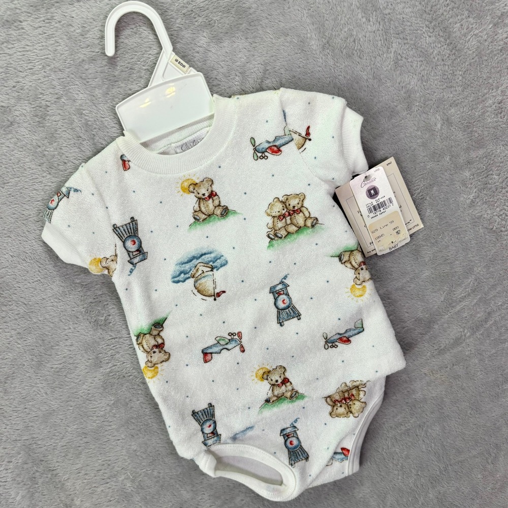 NWT Carters Baby Boys 2pc Set 3-6M White Terry Cloth Vintage Bear Train Plane